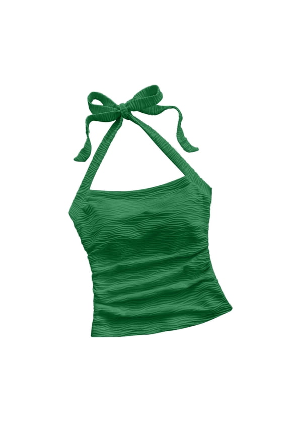 Women's V Neck Halter Tops Open Back Y2k Textured Wave Solid Color Halter Crop Top Summer Going Out Cami Tops