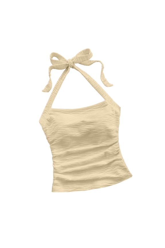 Women's V Neck Halter Tops Open Back Y2k Textured Wave Solid Color Halter Crop Top Summer Going Out Cami Tops