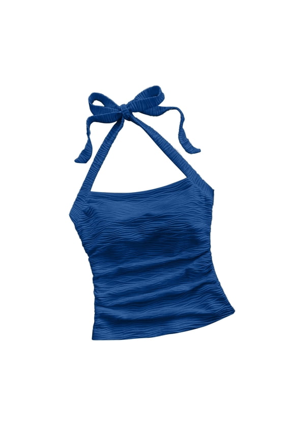 Women's V Neck Halter Tops Open Back Y2k Textured Wave Solid Color Halter Crop Top Summer Going Out Cami Tops