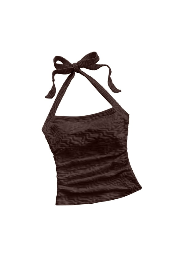 Women's V Neck Halter Tops Open Back Y2k Textured Wave Solid Color Halter Crop Top Summer Going Out Cami Tops