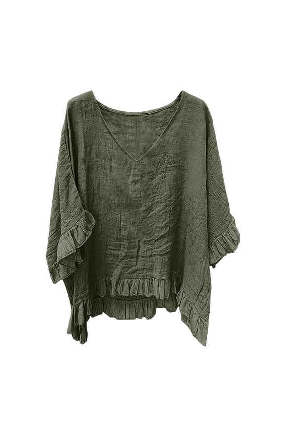 Womens Oversized Ruffled V-Neck Blouse Textured Crinkle Fabric Half Sleeve Ruffle Hem Casual Boho Tunic Top