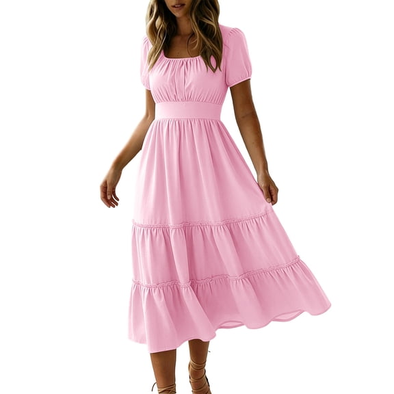 LPZOOGU Womens Summer Flowy Maxi Dresses Eyelet Lace Smocked Short Sleeve Square NeckWedding Guest Casual Boho Dresses