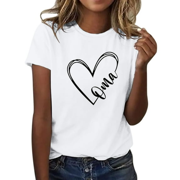 LQCMBYF Blouses for Women Oma Women's Love Letter Printed Shirt Short Sleeved Round Neck T Shirt Fashion Top Lightweight Soft Casual Summer Clothing Clothes Casual Tops for Women (White,XXL)