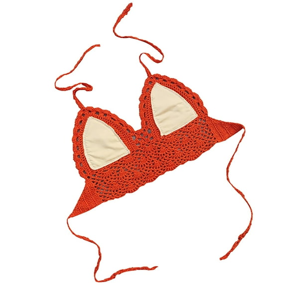 LQCMBYF Boho Crop Tops Lace Swimsuit Knitted Women's Beachwear Tops Bikini Padded Swimsuit Boho Halter Top Boho Crop Tops (Orange,S)
