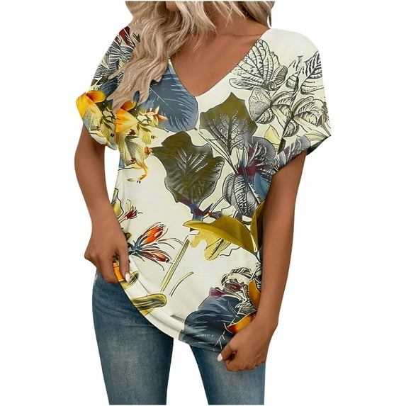 LQCMBYF Casual Tops For Women Summer Women Pullover Blouses Trendy V Neck Short Sleeves Tunic Shirts Casual Fancy Floral Print Ladies Top Tees Loose Fit Navy Womens Shirts (Watermelon Red,L)