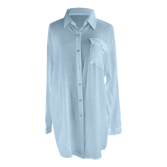 LQCMBYF Casual Tops for Women Women's Long Sleeve Button Up Cotton And Linen Shirt Loose Casual V Neck Top Summer Work Tops for Women Work Blouses for Women office (Blue,One Size)