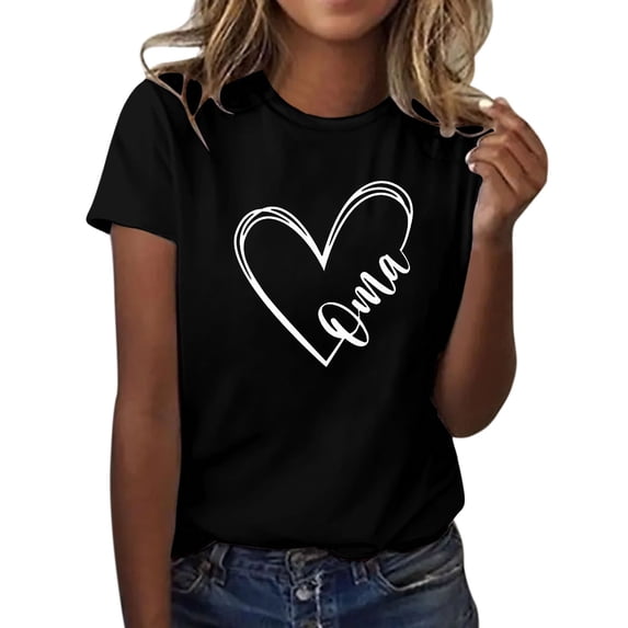 LQCMBYF Cotton T Shirts Women Oma Women's Love Letter Printed Shirt Short Sleeved Round Neck T Shirt Fashion Top Lightweight Soft Casual Summer Clothing Clothes Tops for Women 2024 (Black,L)