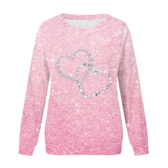 LQCMBYF Oversized Hoodie Women's Spring Autumn and Summer Love Printed Bright Glitter Hoodless Long Sleeve Loose Round Neck Daily Hundred Sweatshirt Womens Fall Tops Womens T Shirts (Pink,L)