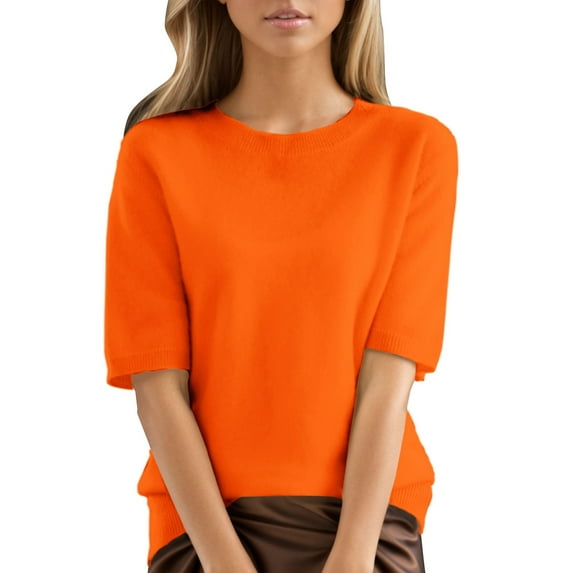 LQCMBYF Shirts for Women Dressy Casual Round Neck Short Sleeved Loose T Shirt With A Knit Bottom Short Top Work Shirts for Women (Orange,XL)