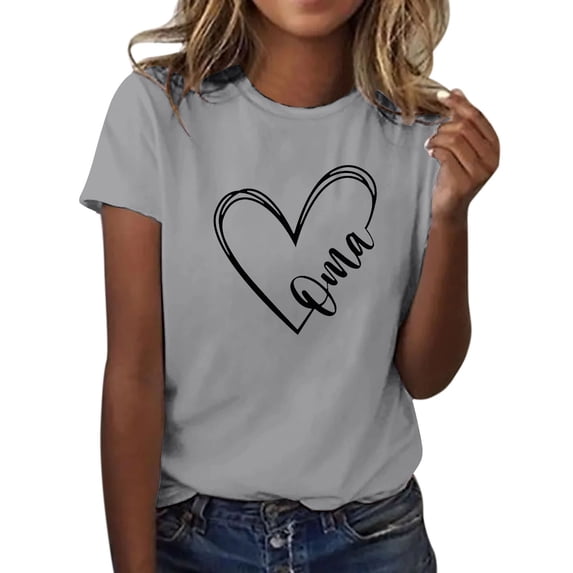 LQCMBYF Women Shirts Oma Women's Love Letter Printed Shirt Short Sleeved Round Neck T Shirt Fashion Top Lightweight Soft Casual Summer Clothing Clothes Women's T-Shirts (Gray,XXL)