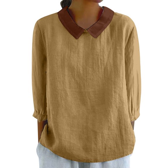 LQCMBYF Women Tops Cotton and Linen Collar Patchwork Three Quarter Sleeve Casual Top T Shirts for Women Summer Tops for Women 2024 (Khaki,XXL)