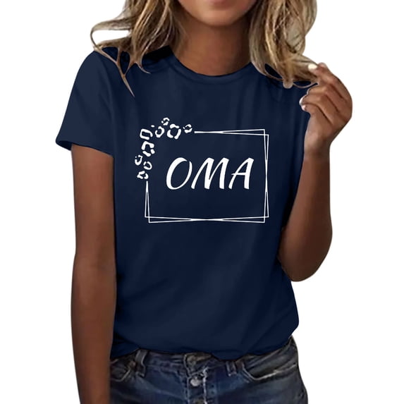 LQCMBYF Women's Shirts Oma Women's Letter Printed Shirt Short Sleeved Round Neck T Shirt Fashion Top Lightweight Soft Casual Summer Clothing Clothes Women Tops (Navy Blue,XXL)
