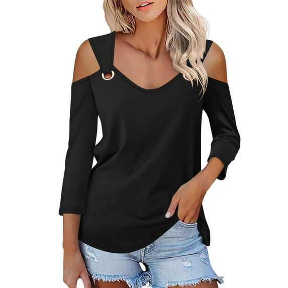 LQCMBYF Womens Blouses Casual Tops V Neck 3/4 Sleeve Shirts Casual Blouses Cold Shoulder Tops Basic Tees Floral Print Tshirts Long Sleeve Tops for Woman (Black,M)