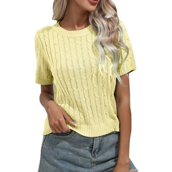 LQCMBYF Womens Blouses Womens Short Sleeve Pullover Knitted Sweater Round Neck Solid Color Casual Fashion Western Style Top Womens Tops Tops for Women Trendy(Yellow,M)