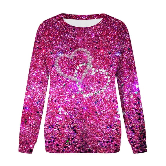 LQCMBYF Womens Crewneck Sweatshirt Women's Spring Autumn and Summer Love Printed Bright Glitter Hoodless Long Sleeve Loose Round Neck Daily Hundred Sweatshirt (Purple,L)