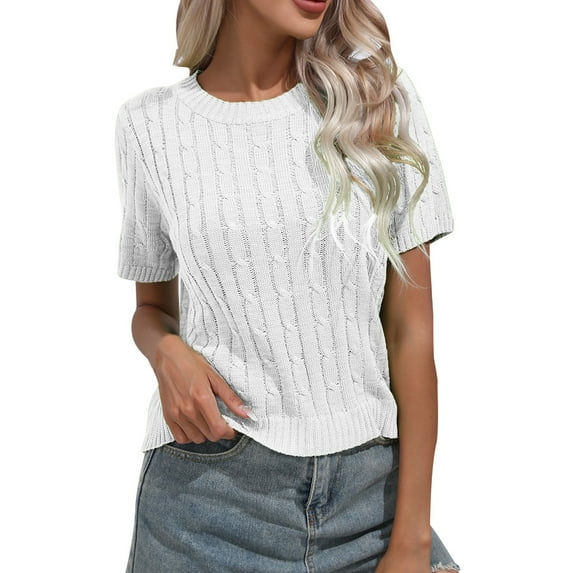 LQCMBYF Womens Spring Tops Womens Short Sleeve Pullover Knitted Sweater Round Neck Solid Color Casual Fashion Western Style Top Womens Shirts Shirts for Women(White,L)