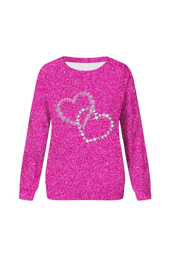 Womens Sweatshirt Women's Spring Autumn and Summer Love Printed Bright Glitter Hoodless Long Sleeve Loose Round Neck Daily Hundred Sweatshirt Womens Basic Tops (Hot Pink,XXXL)