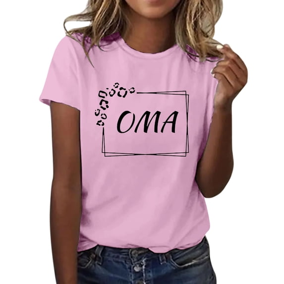 LQCMBYF Womens T Shirt Oma Women's Letter Printed Shirt Short Sleeved Round Neck T Shirt Fashion Top Lightweight Soft Casual Summer Clothing Clothes Cotton Tshirts for Women Women's Tops (Pink,L)