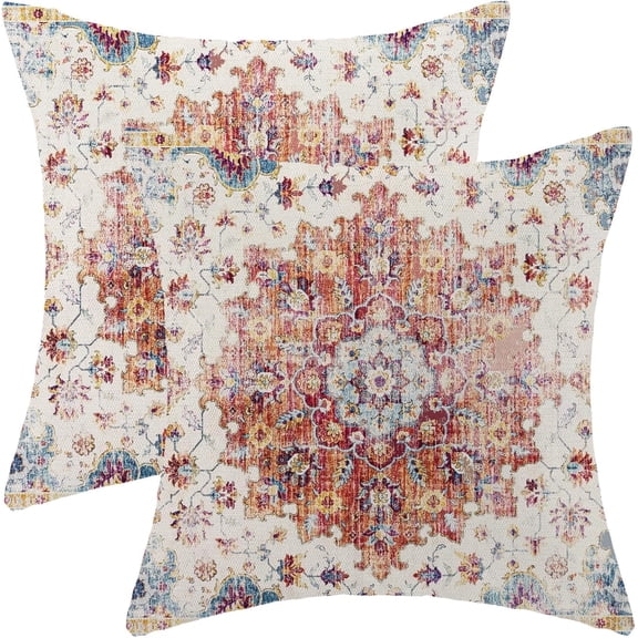 LQCrafK 18 x 18 Bohemian Boho - 17 Orange Carpet Pattern Linen Throw Pillows, 2 Count