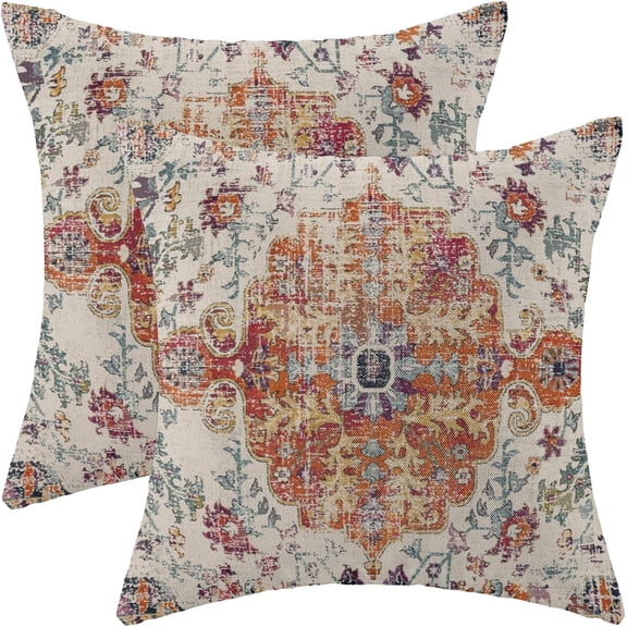 LQCrafK 18 x 18 Bohemian Boho - 17 Orange Carpet Pattern Linen Throw Pillows, 2 Count