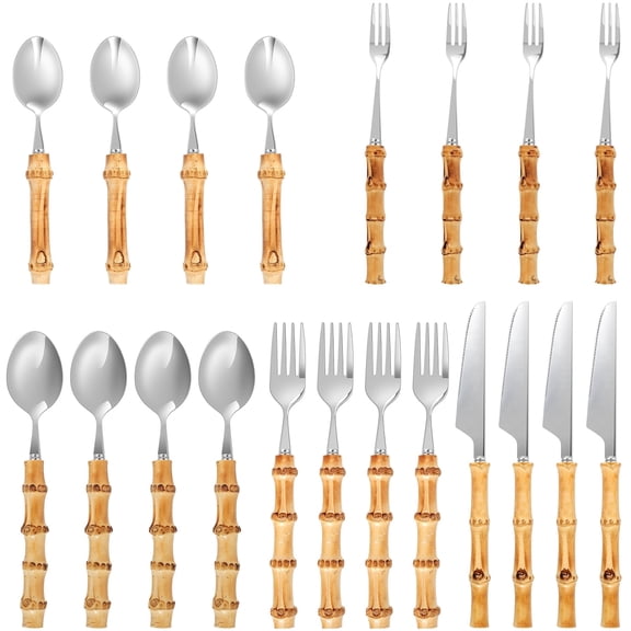 LQCrafK 20pcs Bamboo Silverware Set Stainless Steel Tableware Set Natural Bamboo Utensil Flatware Set Spoon Fork Bamboo Handle Cutlery Set for Kitchen Wedding Home Restaurant Party