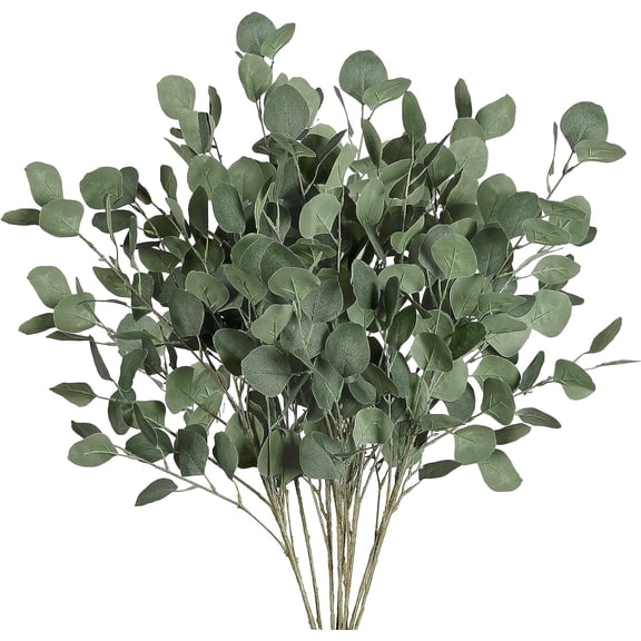 LQCrafK 6 Pcs Fall Artificial Eucalyptus Stems Long Silver Dollar Leaves Fake Silk Eucalyptus Leaf Branches for Indoor Home Autumn Festival Thanksgiving Decor(Dark Brown)