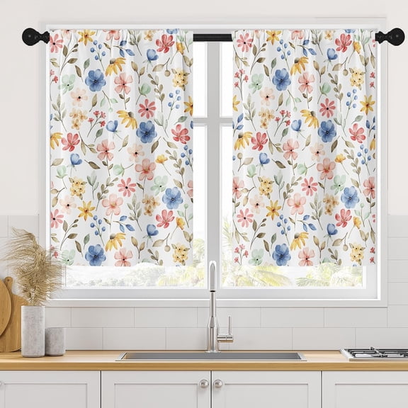 LQCrafK Floral Herbs Flower Kitchen Curtains, Botanical Colorful Vintage Short Window Curtains Set of 2, Window Treatment Tier Curtains for Kitchen Over Sink Dining Room Decor (27.5x36 Inch)