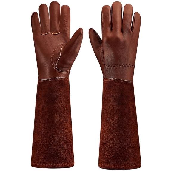 LQCrafK Long-Gardening-Gloves for Women/Men - Thorn Proof Cowhide Leather Rose/Blackberry Pruning Heavy Duty Gloves Thick Palm Gauntlet Garden Work Gloves with Forearm Protection (Brown-X-Large)