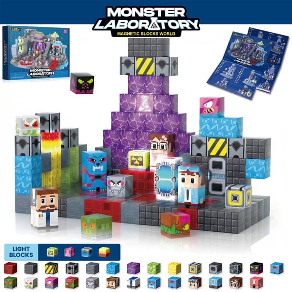 LQCrafK Magnetic Building Blocks 150PCS Monster Lab Adventure with Light-Up Cubes STEM Montessori Sensory Construction Toy for Kids Ages 3-10 | Gift for Toddlers & Preschoolers