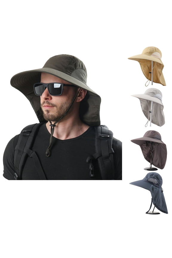 Mens Wide Brim Sun Hat with Neck Flap Fishing Safari Cap for Hiking Camping Gardening Field Work