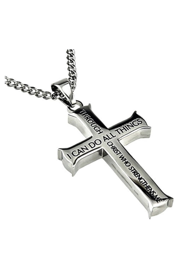 Philippians 4:13 Jewelry Cross Necklace STRENGTH Bible Verse Stainless Steel Curb Chain