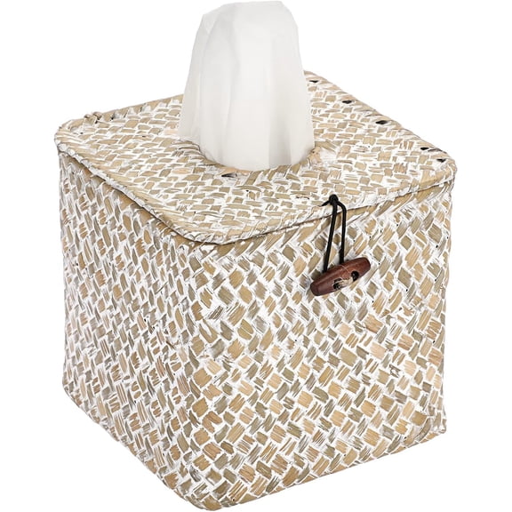 LQCrafK Seagrass Square Tissue Box Cover – Woven Decorative Tissue Holder for Bathroom, Home, or Office (5.51" Cube)