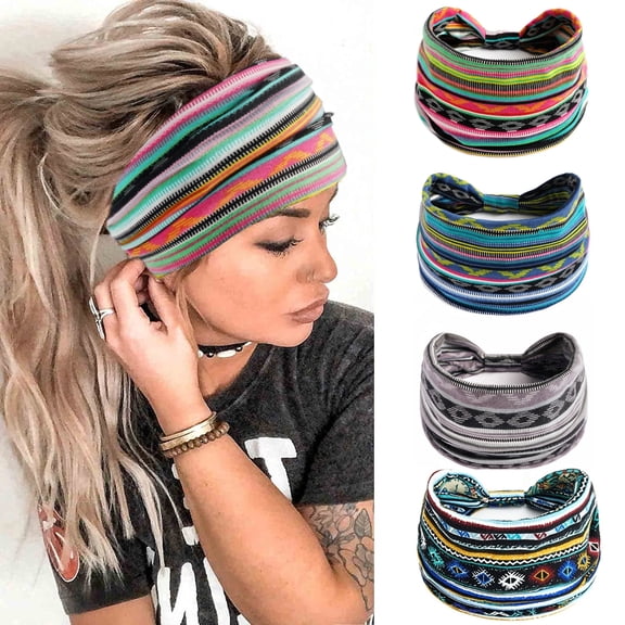 LQCrafK Wide Headbands for Women, Boho Bandeau Head Bands, Workout Head Wraps, Stretch No Slip Hair Wraps Pack of 4