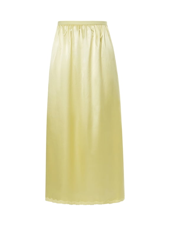 Women Solid Satin Half Slip Long Lace Trim Smooth Underskirt High Elastic Waist Inner Lining Bust Skirt