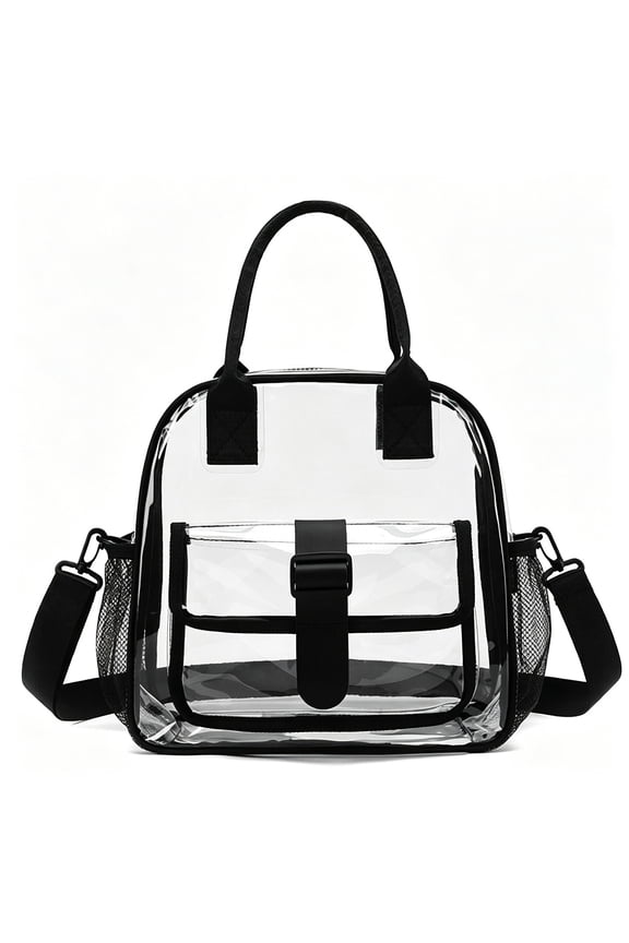 Clear Bag for Stadium Events, 11.4"×6"×11.4" Transparent PVC Concert Bag with Adjustable Shoulder Strap, See-Through Cross-Body Travel Tote for Sports, Festivals, Work, Black