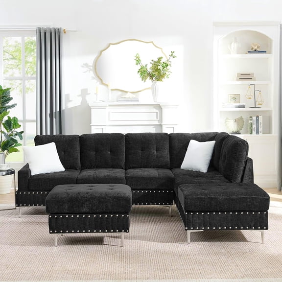 LQLI 102-Inch L-Shaped Corner Sectional Sofa Chenille Upholstered Tufted Corner Sofa Couch with Storage Ottoman and Nailhead Decor,Modern L-Shaped Convertible Couches