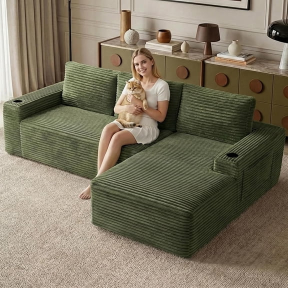 LQLI 104.3" Modular Sectional Sofa,Modern Corduroy Cloud Couch with Cup Holder & Side Pockets,Boneless Couch Upholstered 4-Seater L-Shaped Sofa for Living Room,No Assembly