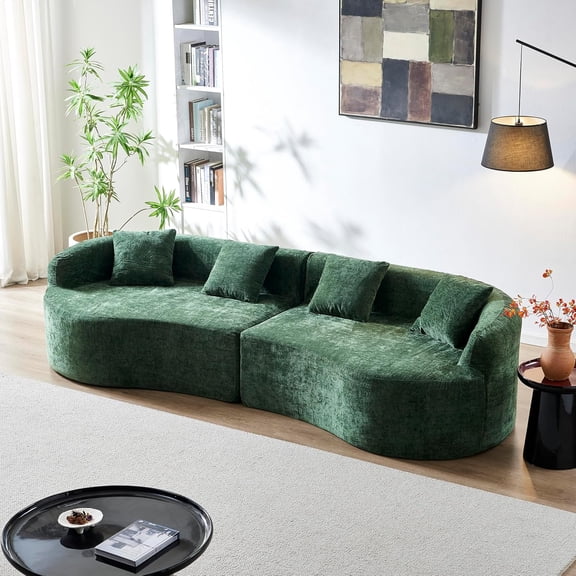 LQLI 111" Modern Curved Chenille Couch, Plush High-Density Foam Cloud Sofa, No Assembly Boneless Sectional with 4 Pillows, Cozy Lounge Sofa for Relaxing Evenings