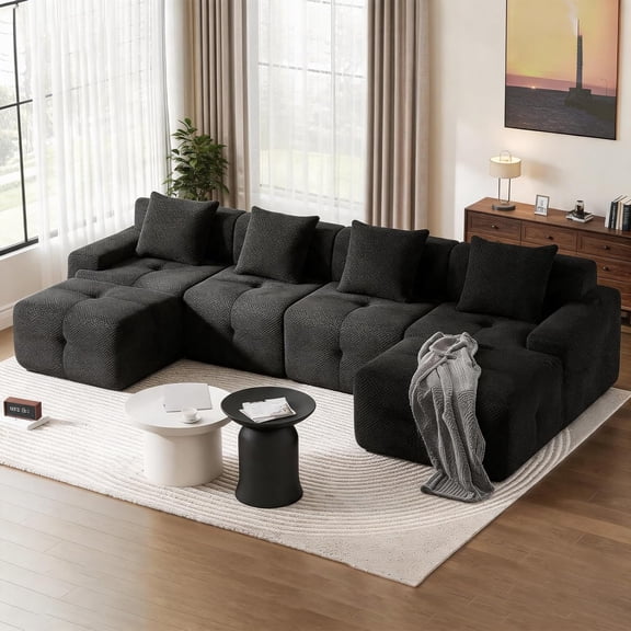 LQLI 135" Cloud Couch Sectional, U-Shaped Boneless Sofa,Modern Modular Couch, Pineapple Grid Fabric with 2 Ottoman for Living Room, No Assembly Required (Black)