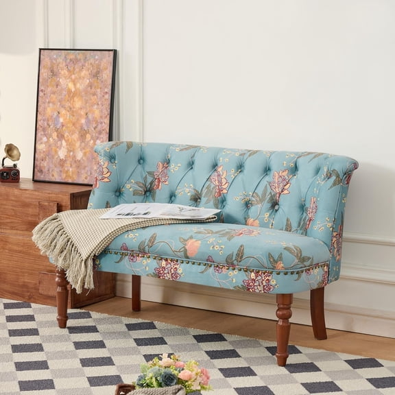 LQLI 47.25" Victorian Settee Loveseat, Small Armless Modern Chesterfield Sofa with Solid Wood Legs, Upholstered Love Seat for Dining Banquette Seating, Living Room, Bedroom, Restaurant Booth