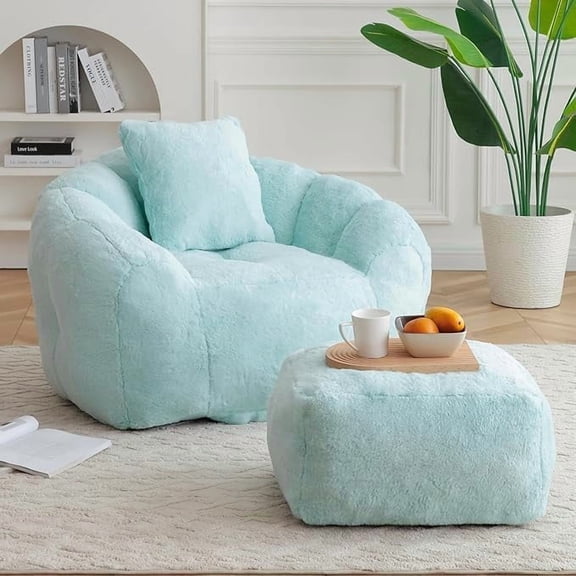 LQLI Bean Bag Chair for Adults, Faux Fur Upholstered Beanbag Chair with Shell-Shaped Design, Comfy Bean Bag Sofa with Pillow and Footstool, Floor Sofa Chair for Bedroom