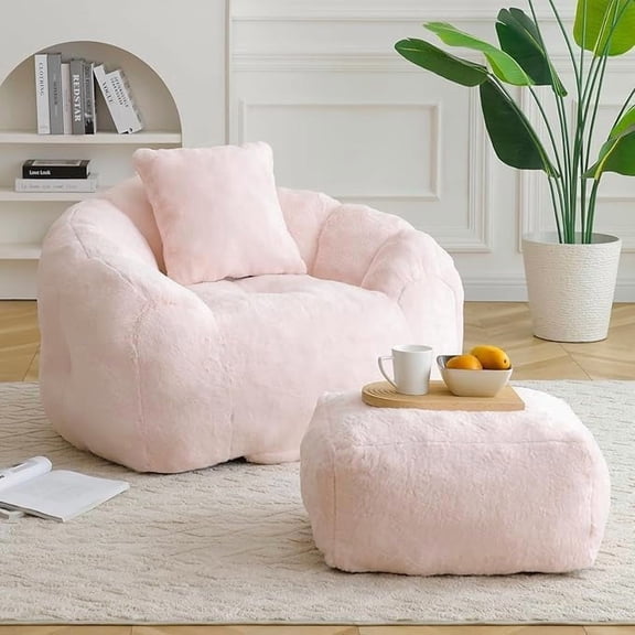 LQLI Bean Bag Chair for Adults, Faux Fur Upholstered Beanbag Chair with Shell-Shaped Design, Comfy Bean Bag Sofa with Pillow and Footstool, Floor Sofa Chair for Bedroom
