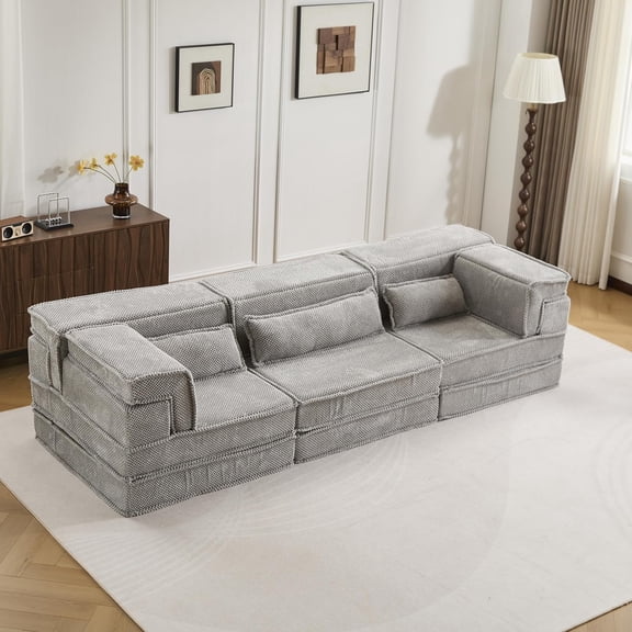 LQLI Compression Mahjong Sofa,Convertible Floor Sofa Bed,DIY Boneless Modular Sectional Sofa,No Assembly Required,Circle Fleece Fabric,Oversized 3 Seater with 3 Pillows