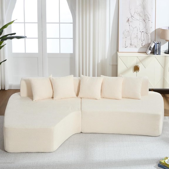 LQLI Compression Sectional Couch with Comfy Chaise,Irregular L-Shaped Compression Sofa with deep seat, Minimalist Modular Couches Sleeper for Living Room Bedroom Apartment Lounge-Ivory