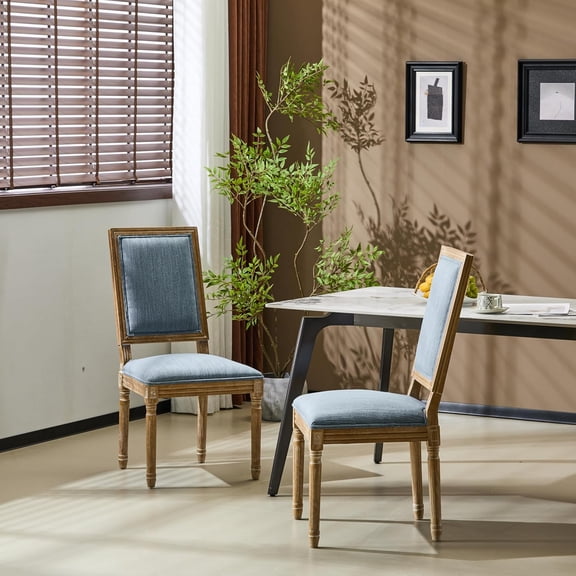 LQLI French Country Dining Chairs Set of 2, Wooden Dining Room Chair, High Back Kitchen Side Chair, Fabric Upholstered Armless Extra Seat, Slate Blue