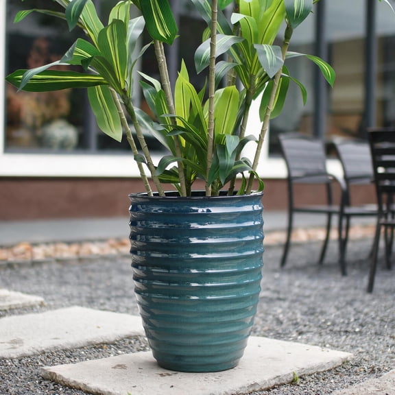 LQLI Handmade Deep Green Ceramic Planter, 17 Inch Diameter, 1 Piece, Horizontal Ripples Pattern, for Monstera and Fiddle Leaf Fig, Indoor & Outdoor Doorway Use, Breathable Clay