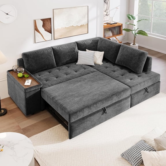 LQLI Modern 91.5-Inch L Shaped Sectional Sofa Couch, Pull-out Sofa Bed Sleeper with Storage Ottoman and Wide Storage Armrest, Polyester Convertible Corner Couch for Living Rooms Offices (Grey)