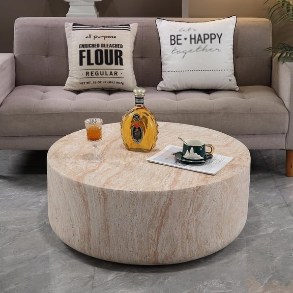 LQLI Modern Drum Coffee Table for Living Room,Round Center Table 31.5" Faux Stone Drum-Shape Cocktail Table for Home Office,Magnesium Oxide, Fully Assembled,Beige+yellow