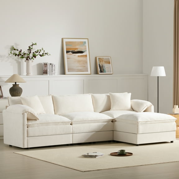 LQLI Modern L Shaped Cloud Couch Set with Double Cushions,Sectional Sofa Sleeper Bed with Movable Ottoman & 2 Pillows, Chenille Modular Sectional Sofa with Deep and Wide Seat