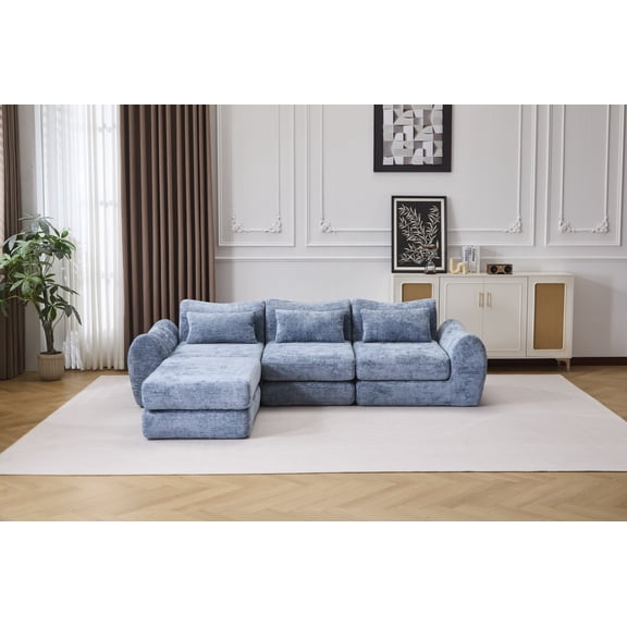 LQLI Modular Sofa, Sectional Sofa, Chenille Sofa, Foldable Wave Textured Black Couch, Detachable Lounge Set for Living Room, Bedroom, Apartment, 1 Middle Seat, 1 Ottoman and 1 Side Chaise